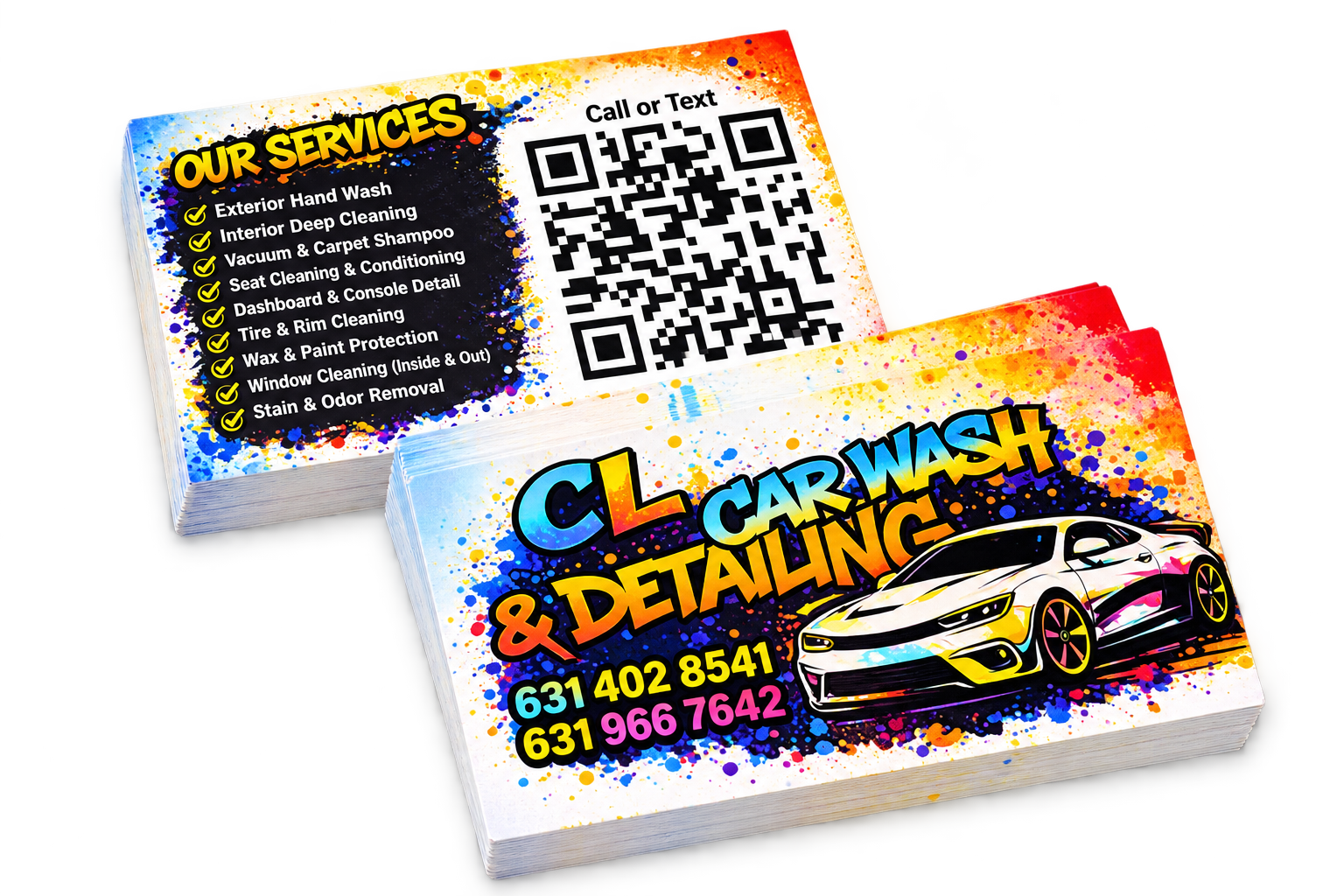 CL Car Wash & Detailing business cards, front and back, with transparent background