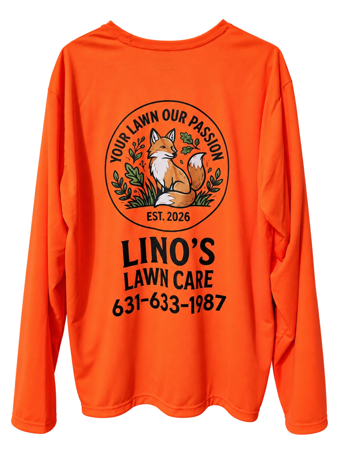 Lino’s Lawn Care — Orange shirt back: Custom apparel
