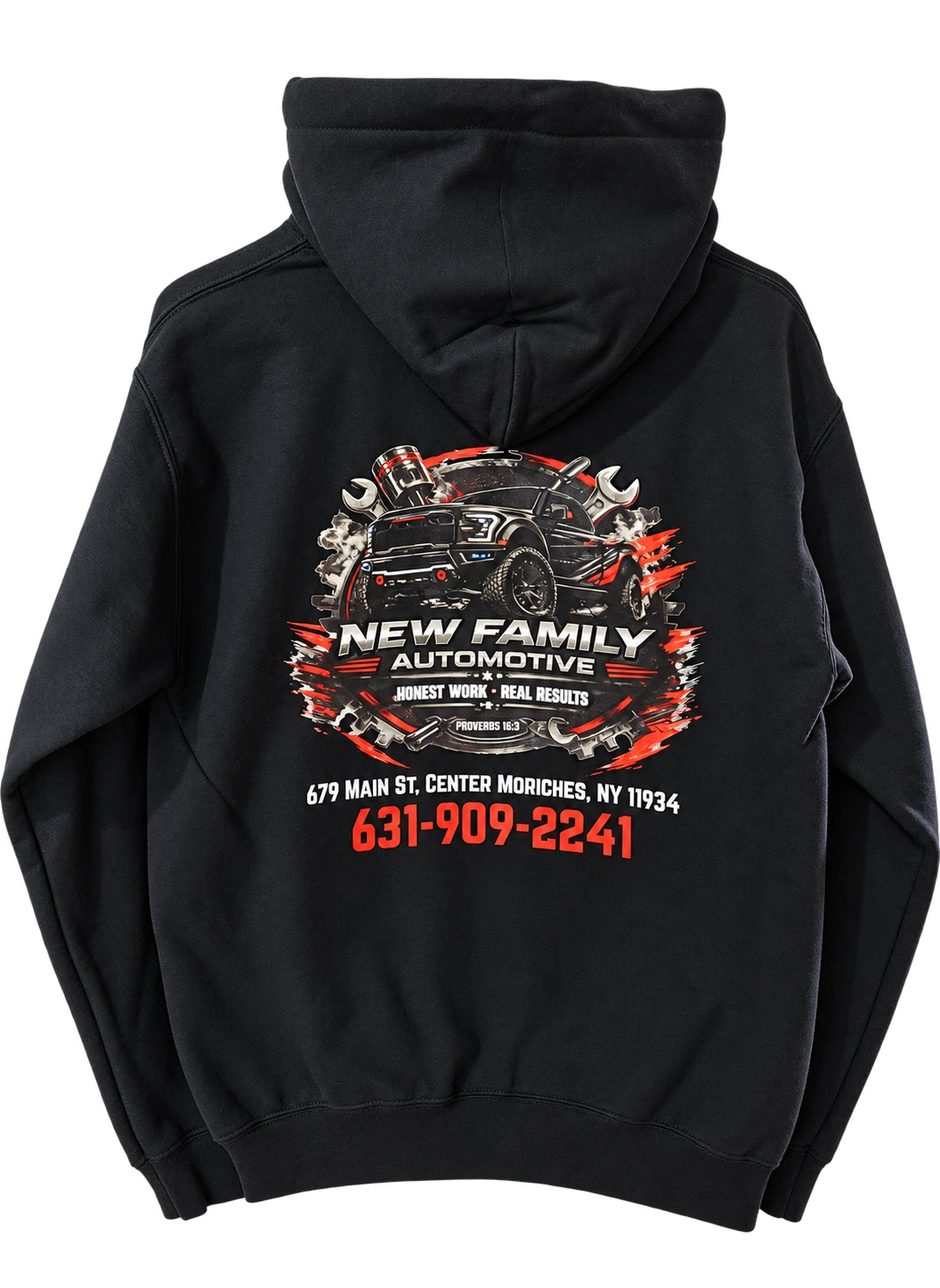 New Family Automotive — Hoodie back: Custom apparel