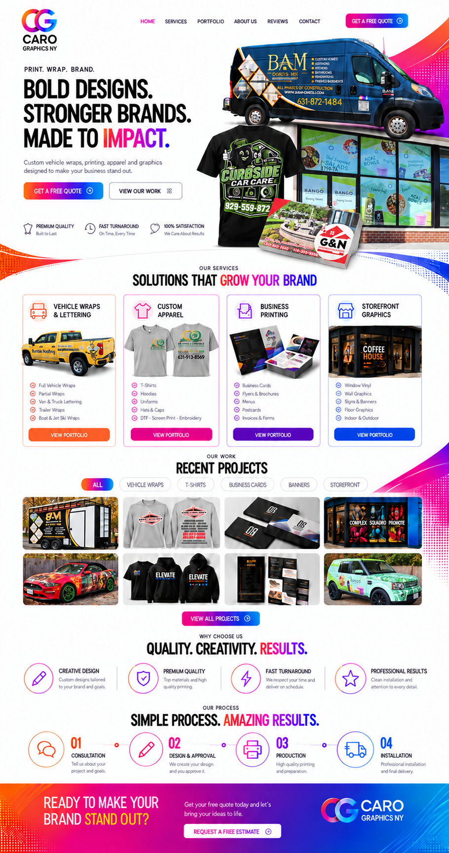 Caro Graphics NY design: bold graphics, vehicle wraps, apparel, printing, selected projects and a contact call to action